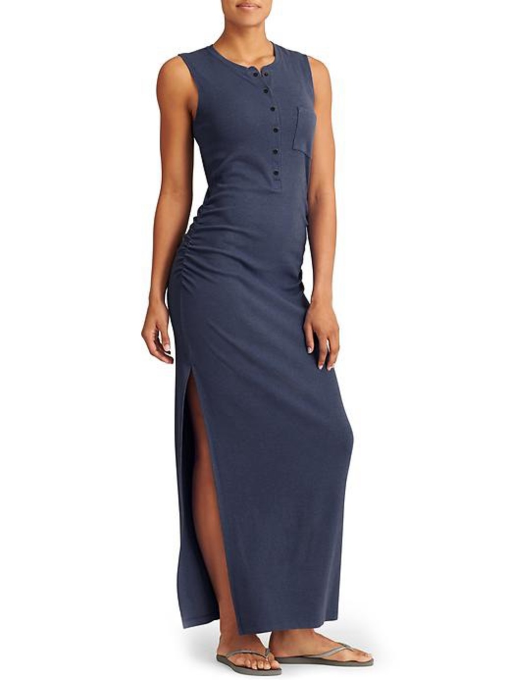Athleta Navy Sleeveless Henley Maxi Dress with Side Slit